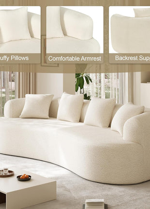 Modern Luxury Oversized Chenille Sectional Sofa for Living Room, 4-Seater Curved Cloud Couch in Cream White with 4 Throw Pillows, No Assembly Required