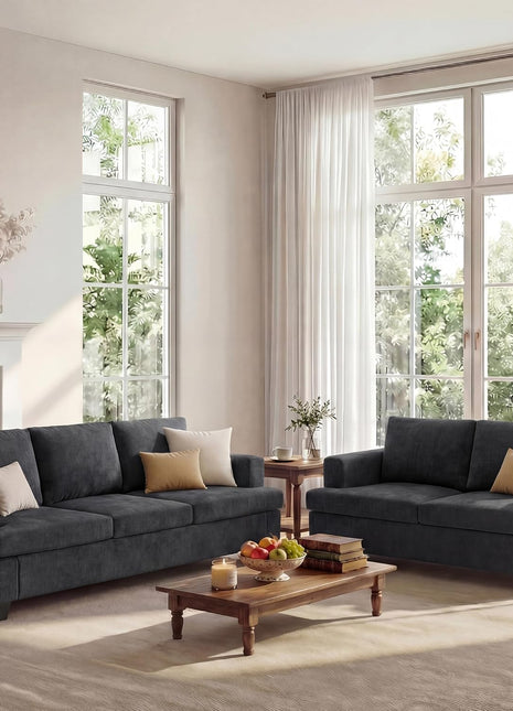 Deep Seat Loveseat and 3-Seater Sofa Set, 89" Couch for Living Room, 2-Piece Sleeper Sofa in Dark Grey Chenille for Apartments