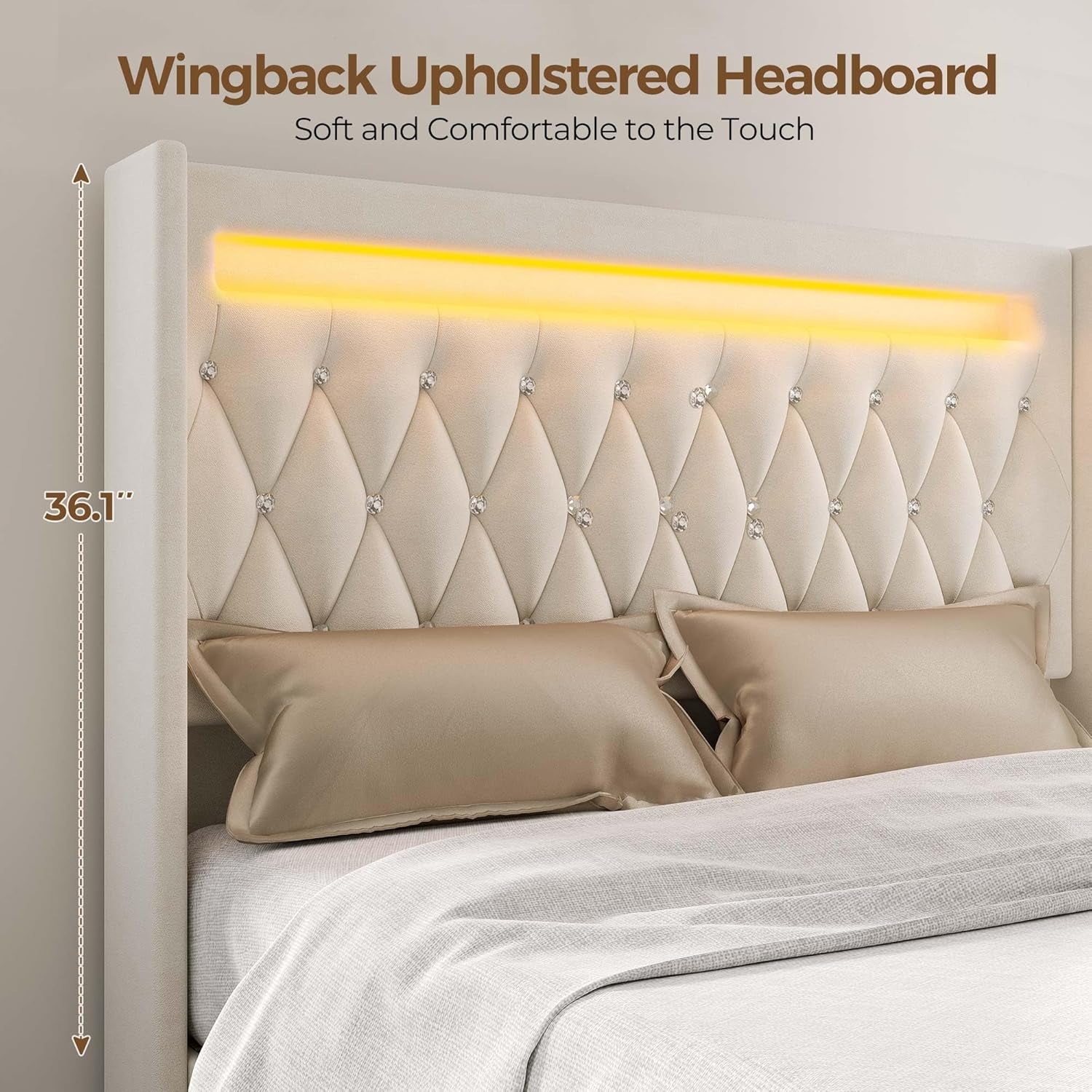 Queen Bed Frame with LED Light and Charging Station, Upholstered High Headboard and Footboard, Wood Slats, Noise Free, Easy Assembly, Beige