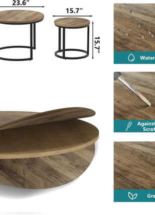 Set of 2 Round Nesting Coffee Tables with 23.6" Wood Grain Top and Adjustable Non-Slip Feet, Industrial Style End Tables for Living Room, Bedroom, Balcony, and Outdoor Use