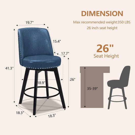 Bar Stools Set of 2, PU Leather Barstools, 26 Inch Upholstered Counter Stools with High Back and Footrest, Swivel Counter Height Barstools for Kitchen Island Home Bar Navy Blue