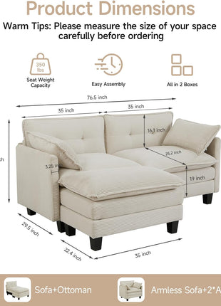 Modular L-Shaped Corduroy Sectional Sofa, 76.5" 2-Seater with Movable Ottoman, Modern Deep Seat Couch for Living Room (Beige)
