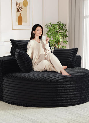Oversized Round Chaise Lounge Chair - Modern 55-Inch Upholstered Corduroy Deep Seat Circular Sofa for Living Room and Bedroom in Black