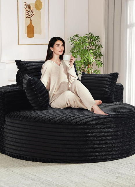 Oversized Round Chaise Lounge Chair - Modern 55-Inch Upholstered Corduroy Deep Seat Circular Sofa for Living Room and Bedroom in Black