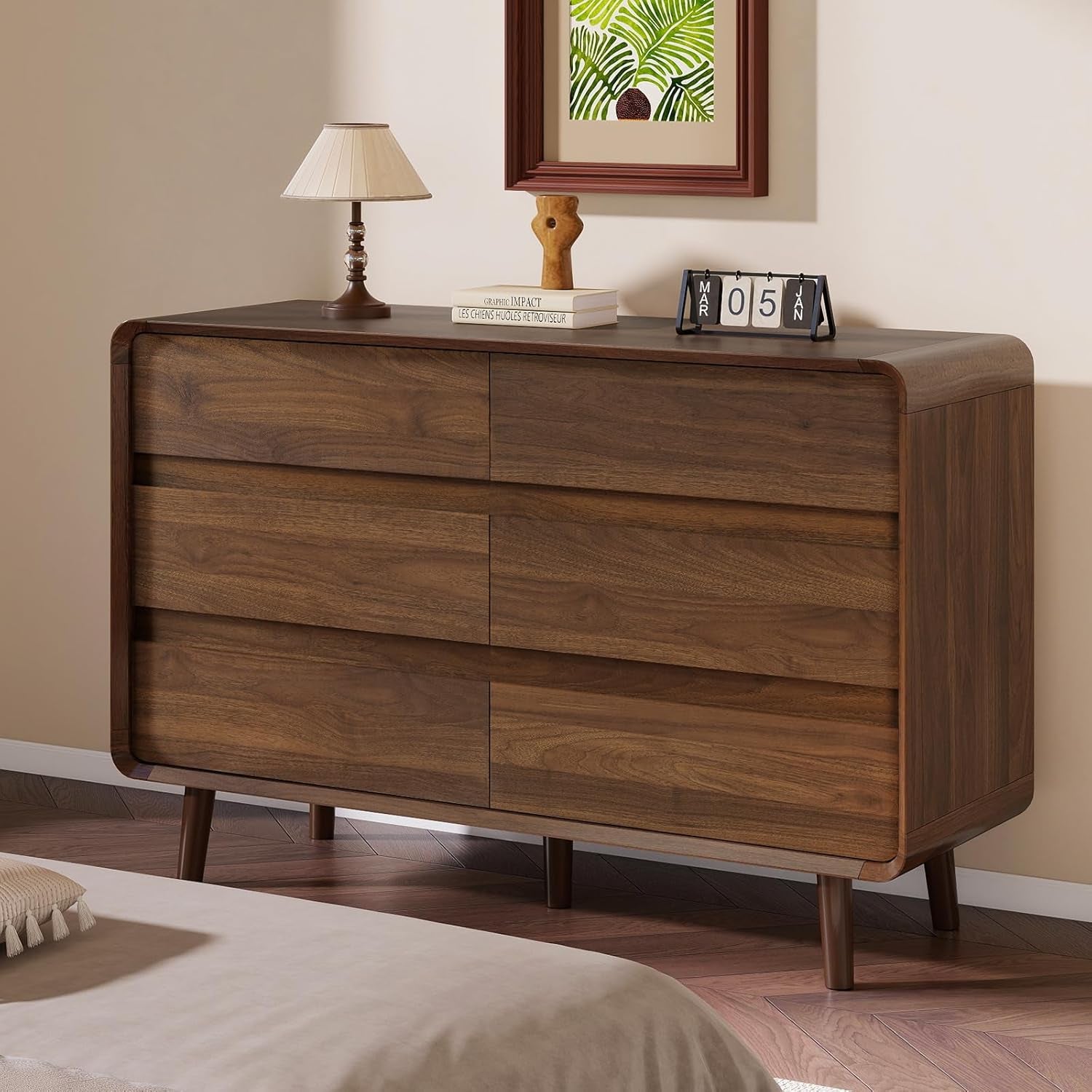 6 Drawer Dresser and Nightstand Sets with Charging Station, Wood Mid-Century Modern Dresser and Nightstand 3 Pieces for Bedroom, Living Room, Walnut
