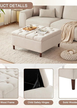 35-Inch Extra Large Upholstered Storage Ottoman Coffee Table, No Assembly Required, Oversized Square Design in Beige Fabric for Living Room