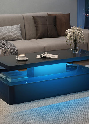 Contemporary 40-Inch LED-Illuminated Rectangular Coffee Table with Dual Tiers and Ample Storage, High Gloss Wooden Finish, Ideal for Living Room, Bedroom, and Office, Black