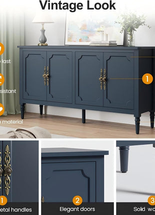 59" Vintage Buffet Cabinet with Adjustable Shelves and Carved Handle, Mid-Century Modern Navy Blue Sideboard for Kitchen and Dining Room