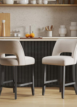 Set of 2 Modern Upholstered Counter Height Bar Stools, 26" with Black Legs, Beige Fabric for Kitchen Island and Dining Room