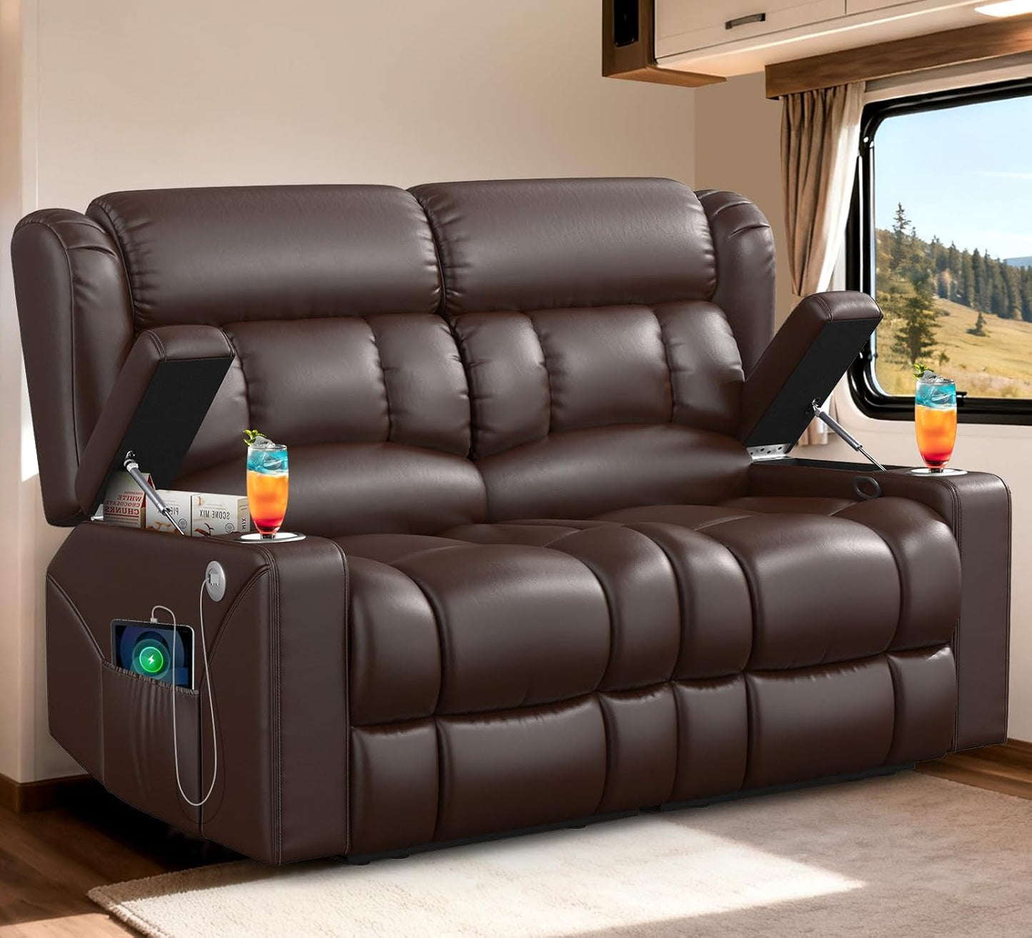 RV Loveseat Recliner Sofa, Reclining Loveseat Home Theater Seating with USB Ports, Cup Holders, Insert Pockets, Wall Hugger RV Recliners for Movie Room, Recline Movie Seats Gaming Sofa, Brown