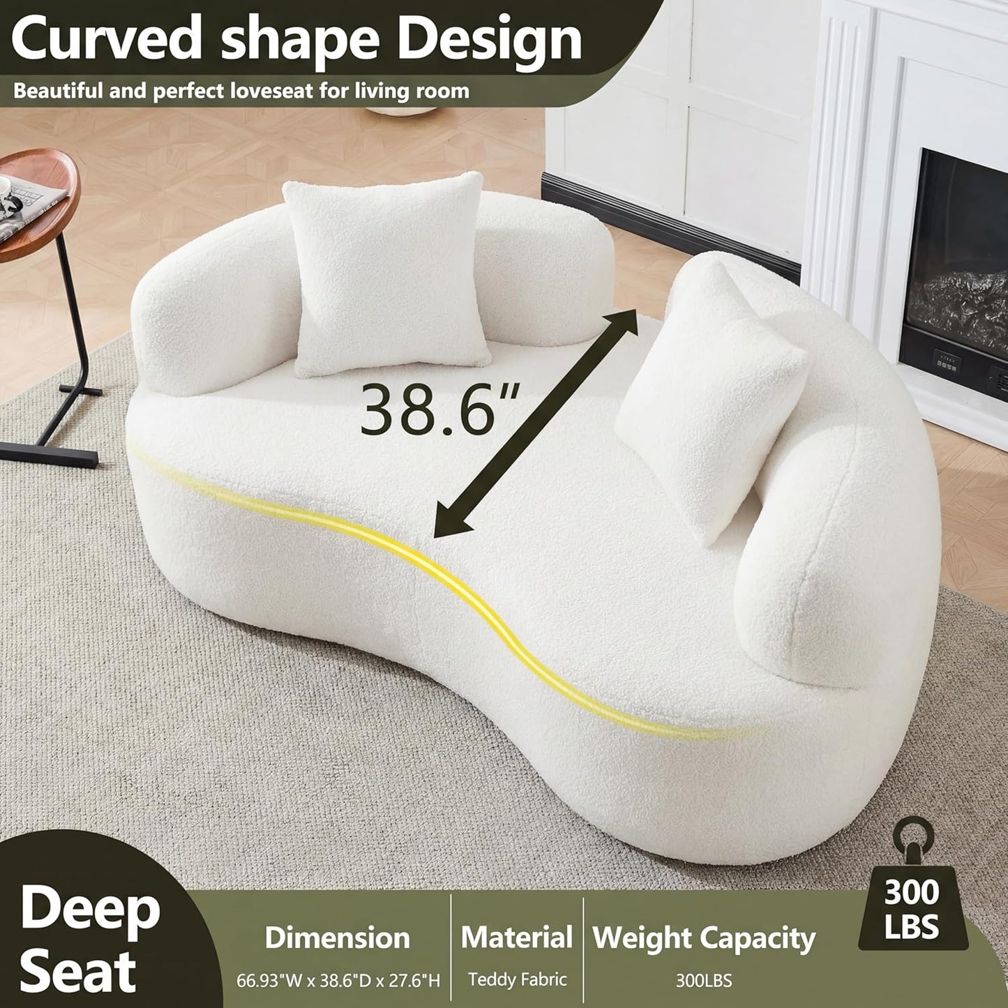 67”Curved Loveseat Sofa for Living Room, Deep Seat Love Seat Couch with 2 Throw Pillows, Modern Loveseat Adopt Teddy Fabric, Suitable Small Spaces the Cloud Loveseat, No Assembly Needed, White