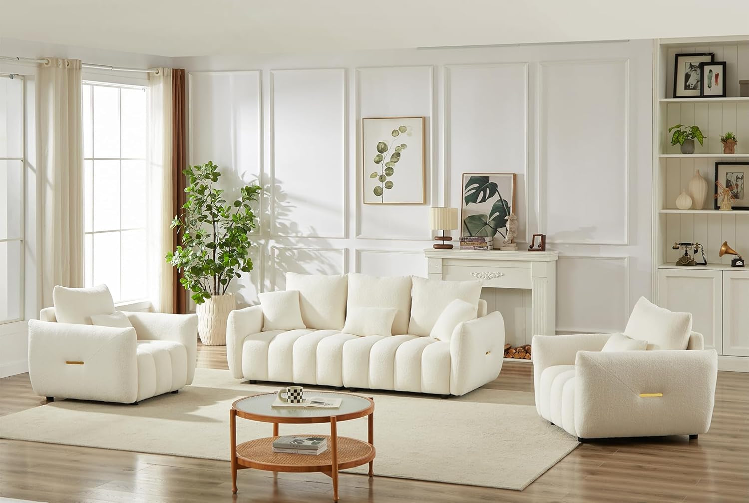 Set of 3 Teddy Sofa for Living Room, Modern 2 Units Deep Seat Sofa Chairs and an Oversized 3-Seater Cloud Boucle Couch for Bedroom, Office, Apartment, Furniture Set, Beige (3 Pieces)