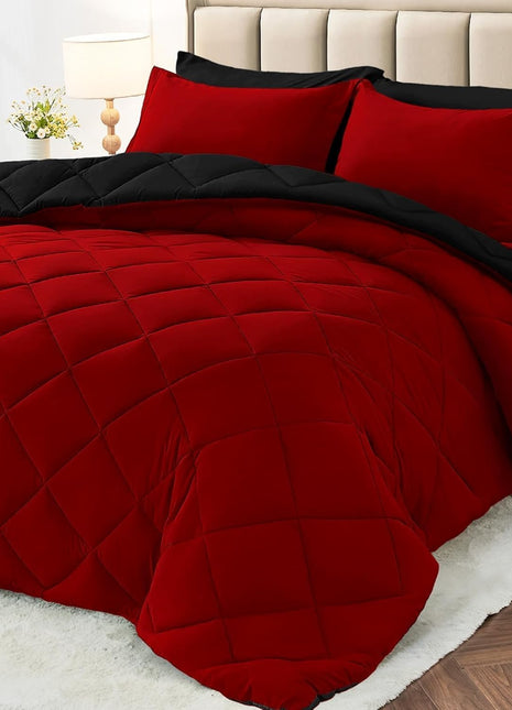 7-Piece Reversible Queen Comforter Set, All-Season Bedding Ensemble with Comforter, Flat Sheet, Fitted Sheet, Pillowcases, and Shams in Red and Black