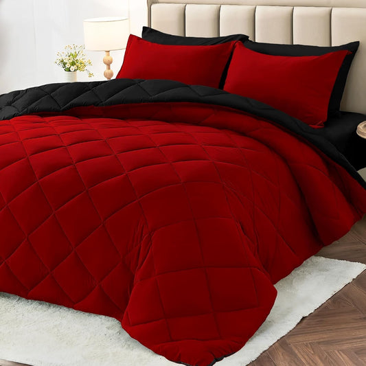 7 Pieces Queen Comforter Set, Reversible Bed in a Bag Queen Size, All Season Bedding Set with Comforter, Flat Sheet, Fitted Sheet, Pillowcases & Shams, Red & Black