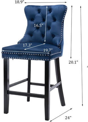 Set of 4 Modern Velvet Bar Stools with Wooden Legs, Button Tufted Design, and Chrome Nailhead Accents (Blue)