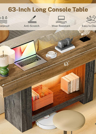 63-Inch Farmhouse Style Console Table with Integrated Charging Station and LED Lighting for Entryway, Sofa, and Hallway Use
