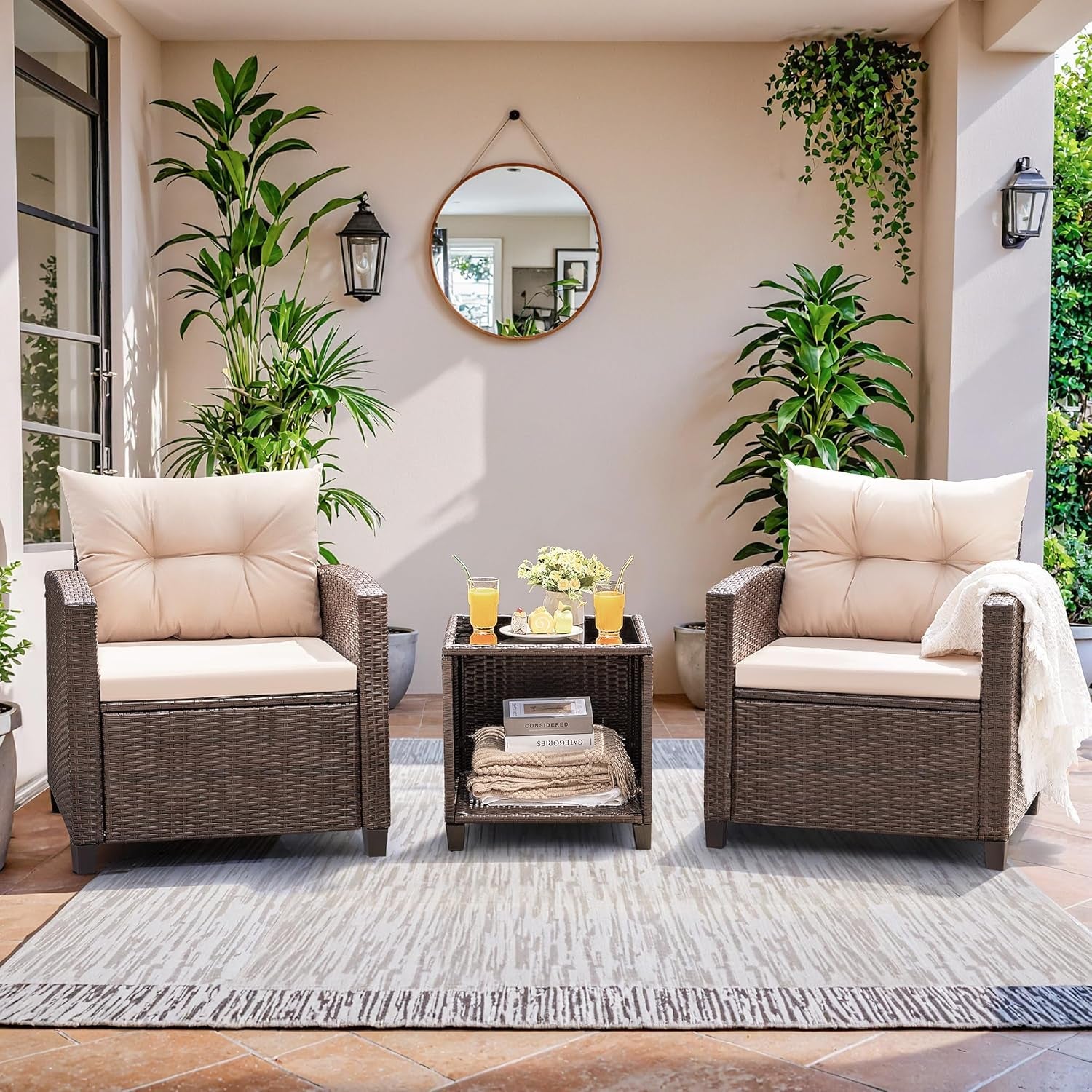 3 Pieces Patio Furniture Set, PE Rattan Wicker Patio Set with Two Outdoor Chairs and Table, Upgraded Patio Chairs and Table for Porch, Garden Poolside Balcony