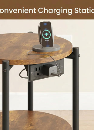 Round End Table with Integrated Charging Station, 15.8" Industrial 2-Tier Nightstand for Compact Spaces, Rustic Brown Finish, 77 lbs Load Capacity