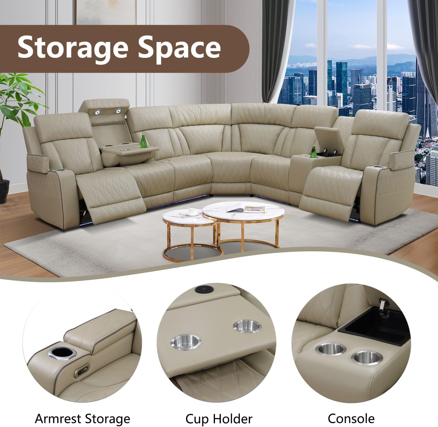 Power Breathing Leather Reclining Sofa Set,Power Recliner Sectional Couch with LED Light,Sectional Reclining Couch Set with USB Port/Storage for Living Room Home Office (Beige)