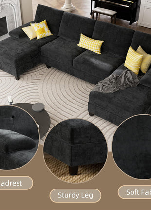 Elegant U-Shaped Sectional Sofa – Modern 4-Seat Couch with Double Chaise and Removable Pillows in Chic Black, Perfect for Apartment Living Rooms