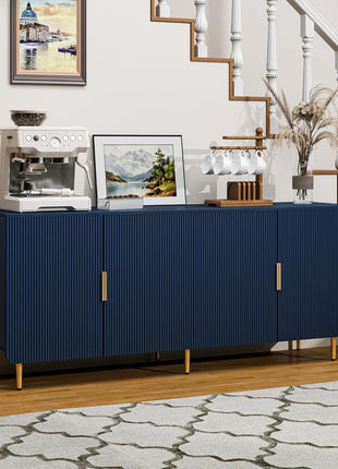 65-Inch Contemporary Fluted Sideboard Buffet Cabinet with Storage, 4 Doors and Adjustable Shelves, Perfect for Kitchen, Dining Room, Living Room, Hallway, and Entryway in Blue