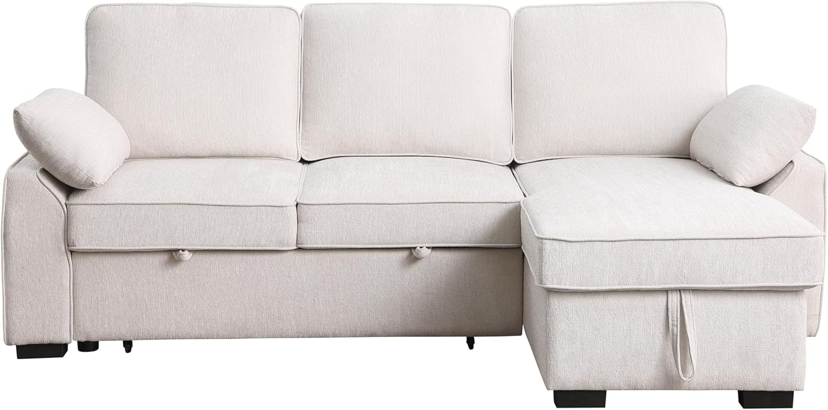 L-Shaped Pull Out Sleeper Couch Bed, Modern Chenille Upholstered Button Tufted Corner Couch Reversible Sectional Sleeper Sofa Bed W/Storage Chaise, Cup Holders