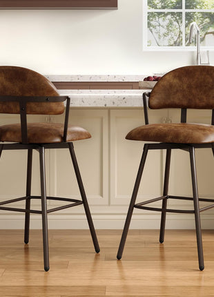 Set of 2 Contemporary 26-Inch Swivel Counter Height Bar Stools with Backs and Metal Legs, Upholstered in Faux Leather for Kitchen Island and Dining Room