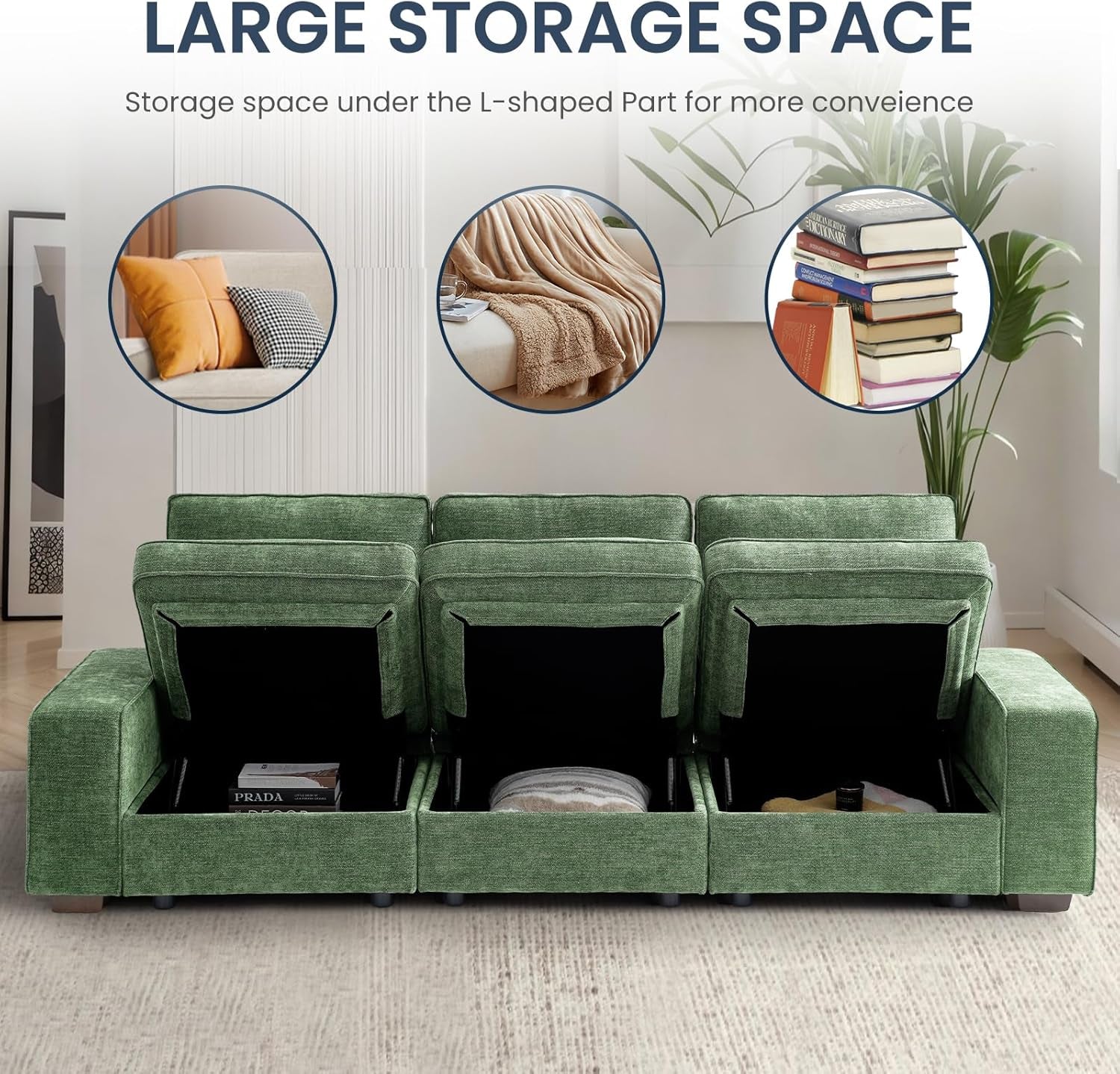 100" Modular Sofa with Seats Storage, Comfy 3-Seater Chenille Fabric Couch for Living Room, Office, Apart W/Deep Seat, USB Charging, Upholstered Couch with Removable Cover(Green)