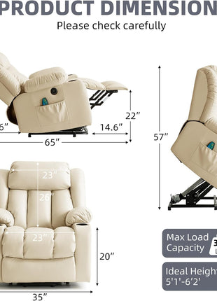 Premium Electric Power Lift Recliner Chair for Seniors with Massage and Heat Features, Includes Cup Holders, Remote Control, USB Ports, Side Pockets, Leather Finish (Cream)