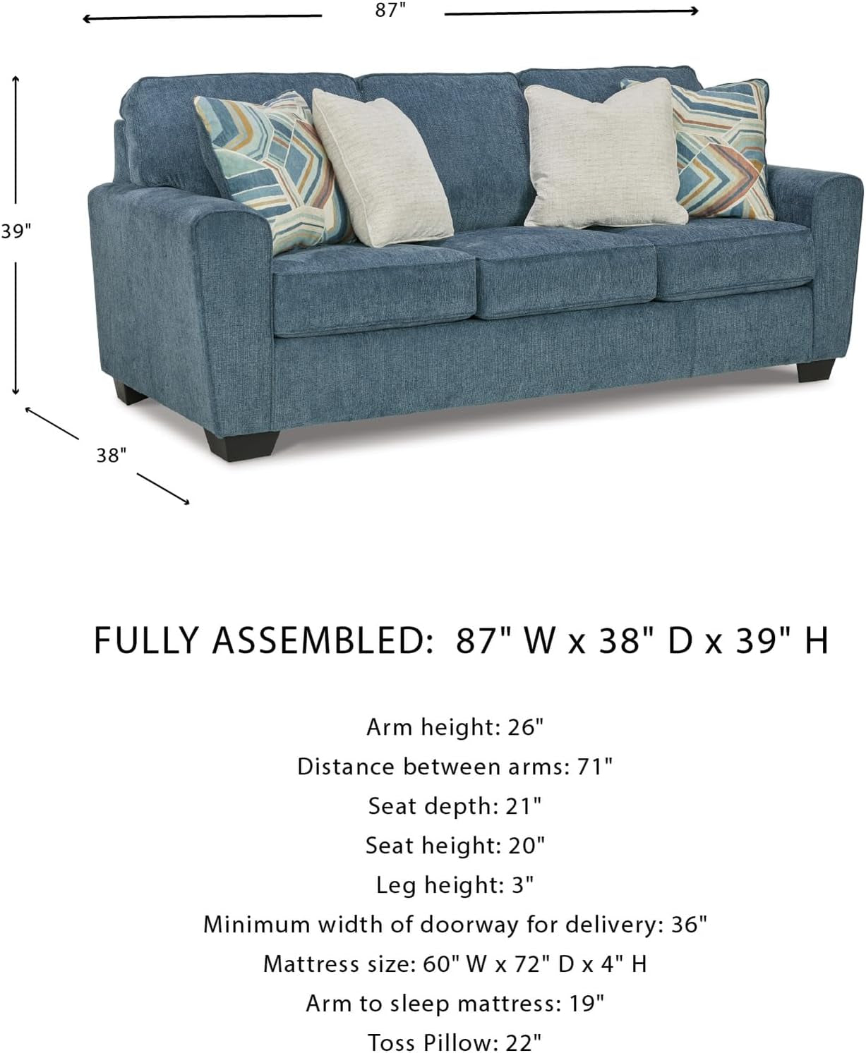 Cashton Casual 2-In-1 Sofa Sleeper with Folding Gel Memory Foam Mattress, Queen, Blue