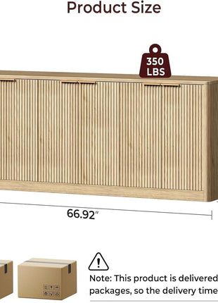 67-Inch Fluted Oak Buffet Cabinet Sideboard with Ample Storage, Mid-Century Modern Credenza Featuring 6 Doors for Kitchen and Living Room (67" x 31.5" x 15.7")