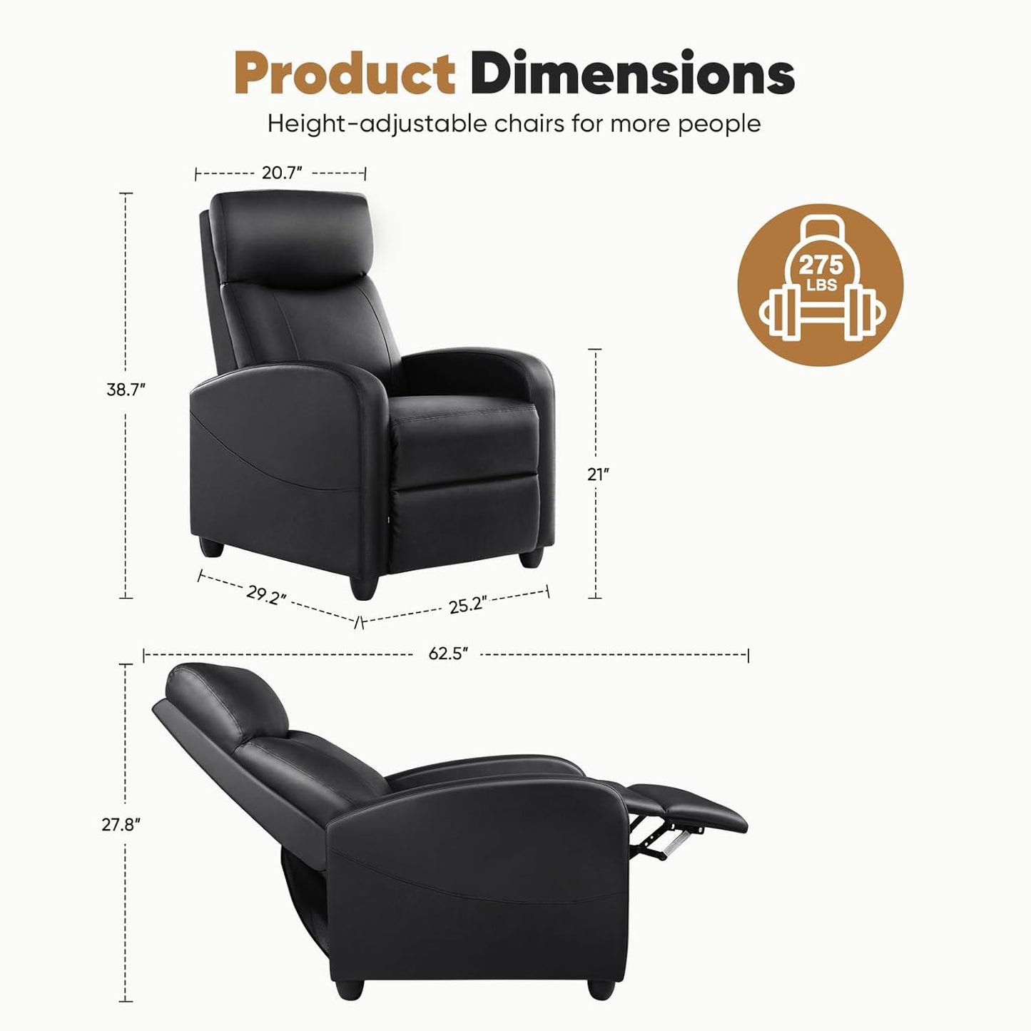 Recliner Chair for Adults, Massage Reclining Chair for Living Room, Adjustable Home Theater Seating Single Sofa with PU Leather Padded Seat Backrest and Footrest, Modern Black