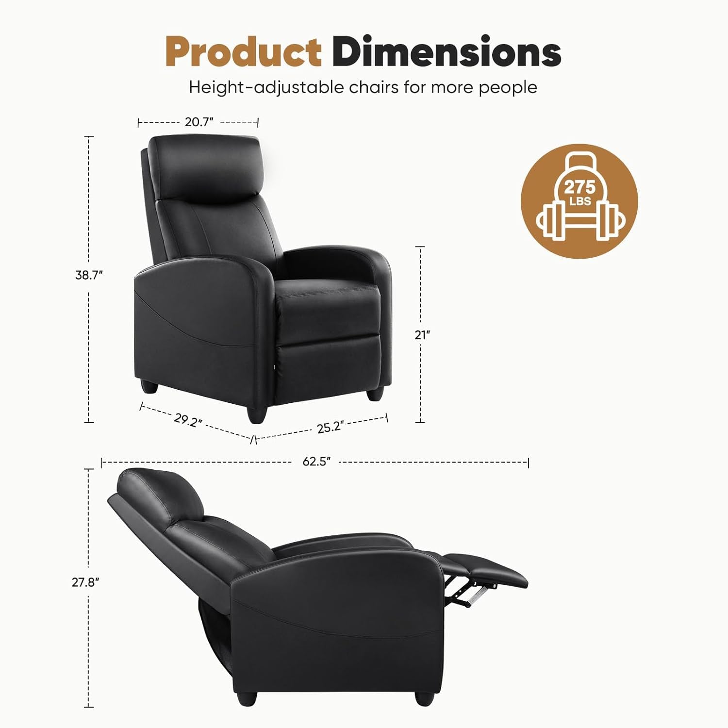 Recliner Chair for Adults, Massage Reclining Chair for Living Room, Adjustable Home Theater Seating Single Sofa with PU Leather Padded Seat Backrest and Footrest, Modern Black