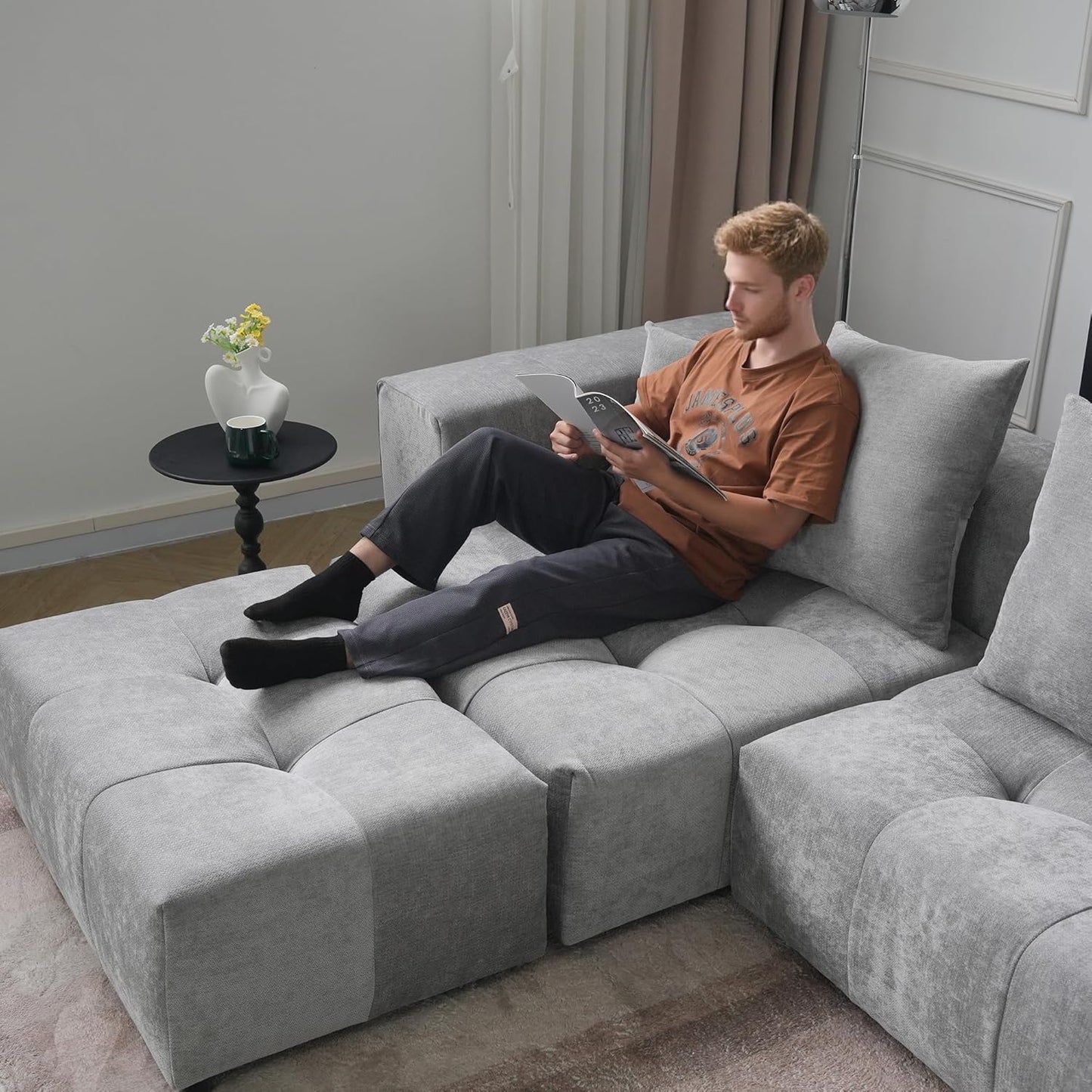 183.5 Inch U-Shaped Modular Sectional Sofas, Modern 4-Seater Couch with Chaise Ottomans, Mid Century Modern Sectional Couches, Cozy Sleeper Sofa for Living Room (Linen Fabric, Grey)