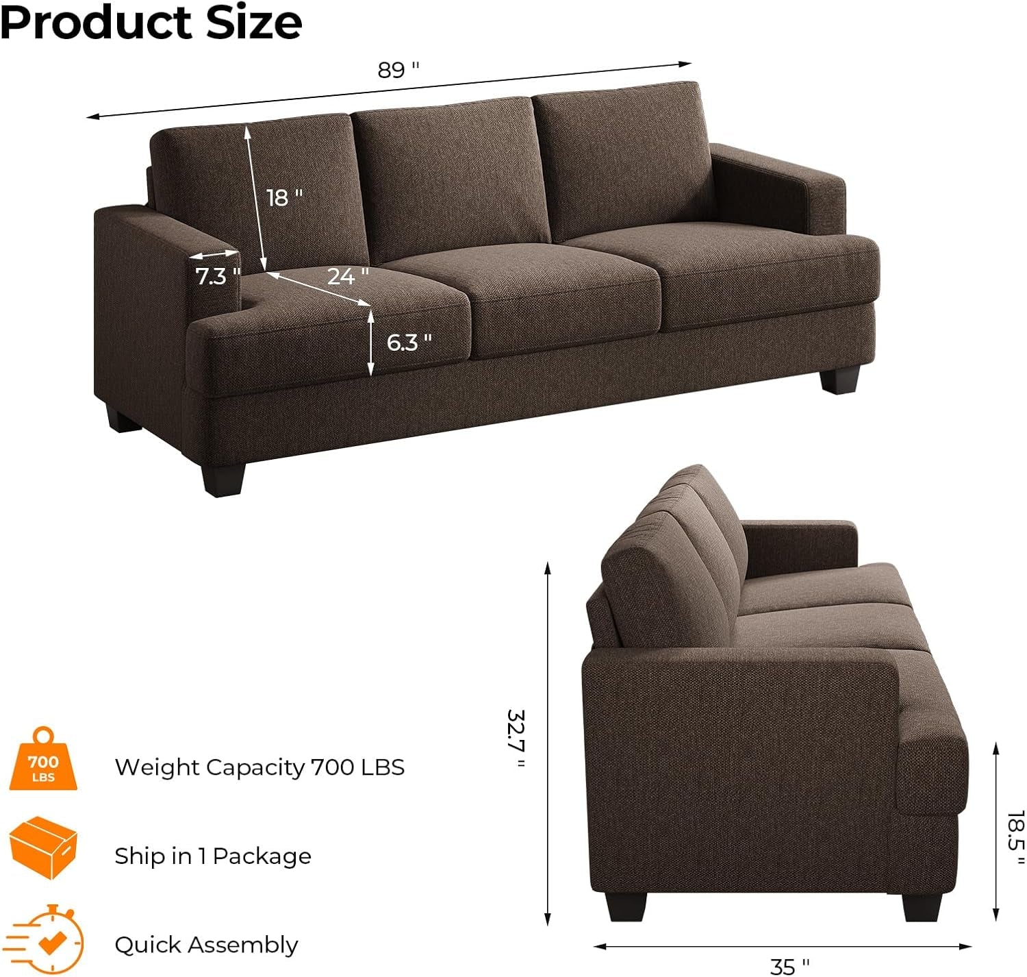 89 Inch Sofa with Extra Deep Seats Oversize, 3 Seater Sofa for Living Room,Modern Couch and Sofa, Comfy Armrests and Seats and Backrests, Easy Installation, Brown
