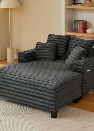 64-Inch Oversized Chaise Lounge Chair with Wooden Frame, Upholstered Sleeper Sofa Bed for Living Room, Media Room, and Bedroom, Includes 4 Storage Pockets and 2 Cup Holders (Plush Corduroy, Grey)