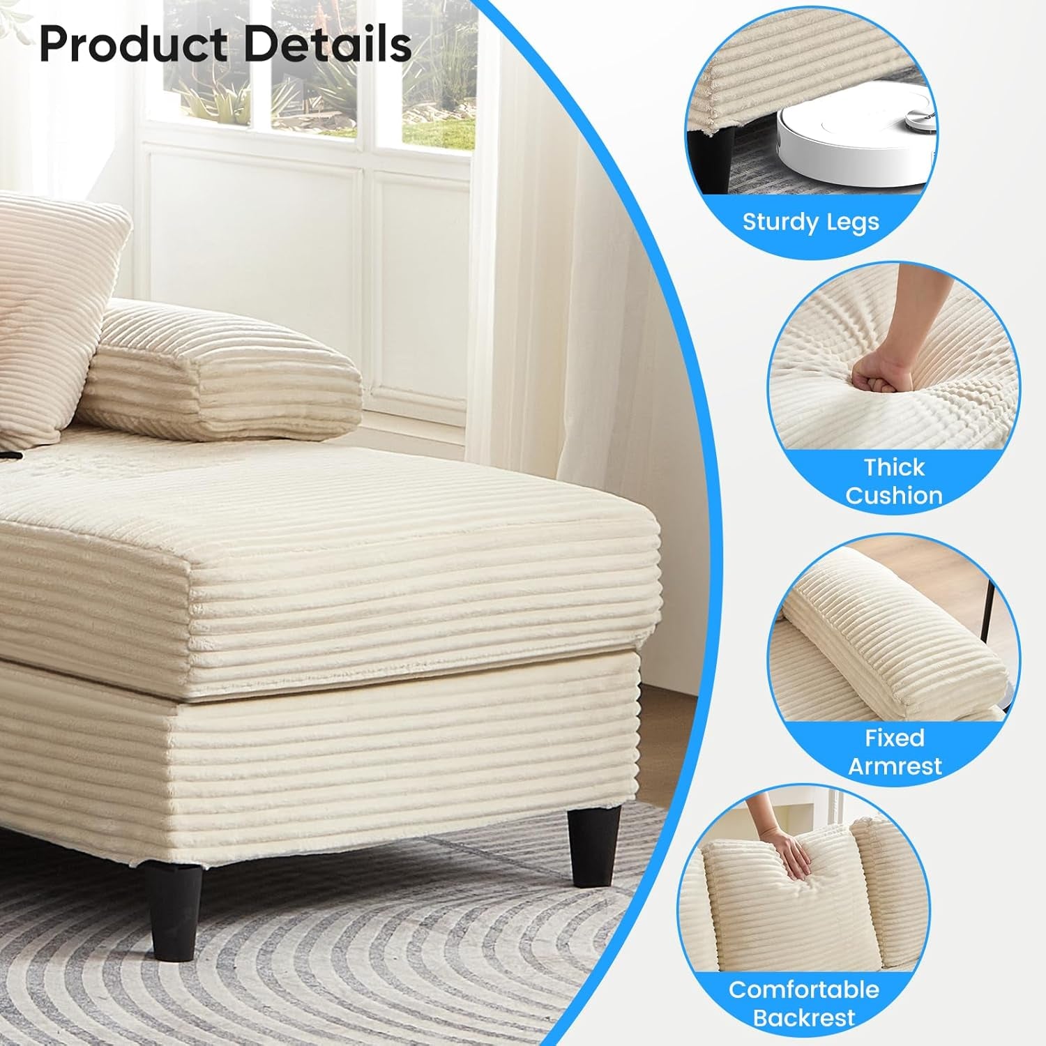 4 Seater U-Shaped Sectional Sofa Couches with Sleepable Armrest for Living Room Sets Furniture, 112" Width Corduroy Living Room Sleeper Sofa Couch Set with Double Chaises for Home Office, Beige