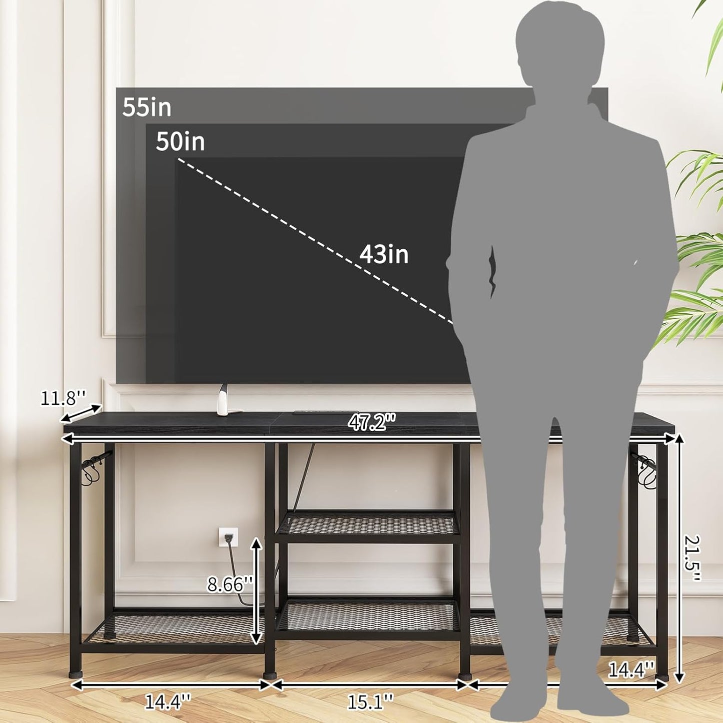 Entertainment Center for up to 55 Inch Tvs, TV Stand with Power Outlet and Open Storage Shelves, TV Media Console Table for Living Room and Bedroom, Black
