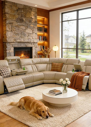 Luxury Leather Power Reclining Sectional Sofa Set with LED Lighting, USB Ports, and Storage Solutions for Modern Living Rooms and Home Theaters