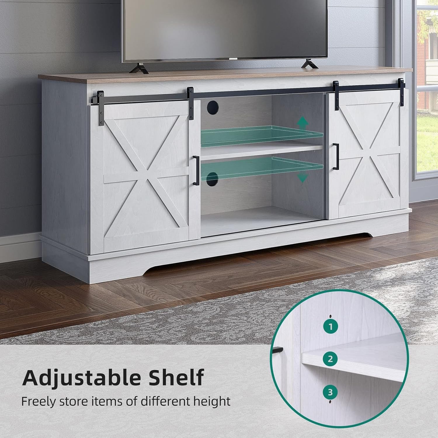 Farmhouse TV Stand for 65 Inch Television Stand, Entertainment Center with Storage Cabinets and Sliding Barn Doors, Rustic Media TV Console Table for Living Room, Grey White/Grey Wash