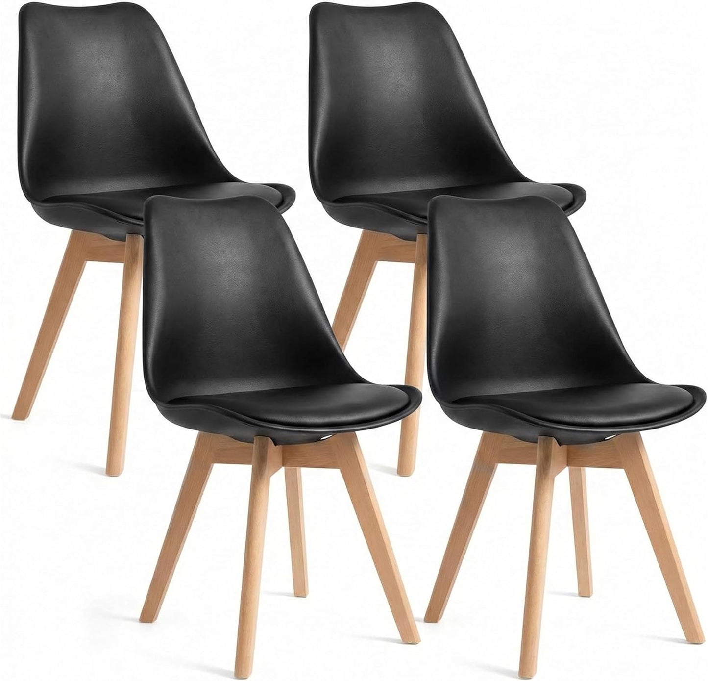Dining Chairs Set of 4, Modern Upholstered Dining Room Chairs with PU Leather Padded Seat, Armless Kitchen Chairs with Curved Backrest and Solid Wood Legs for Dining Room, Kitchen, Apartment, Black