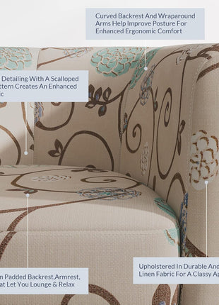 Highland Floral Print Linen Round Accent Barrel Chair - Elegant Club Tub Sofa for Living Room and Bedroom with Flared Legs and Plush Padding