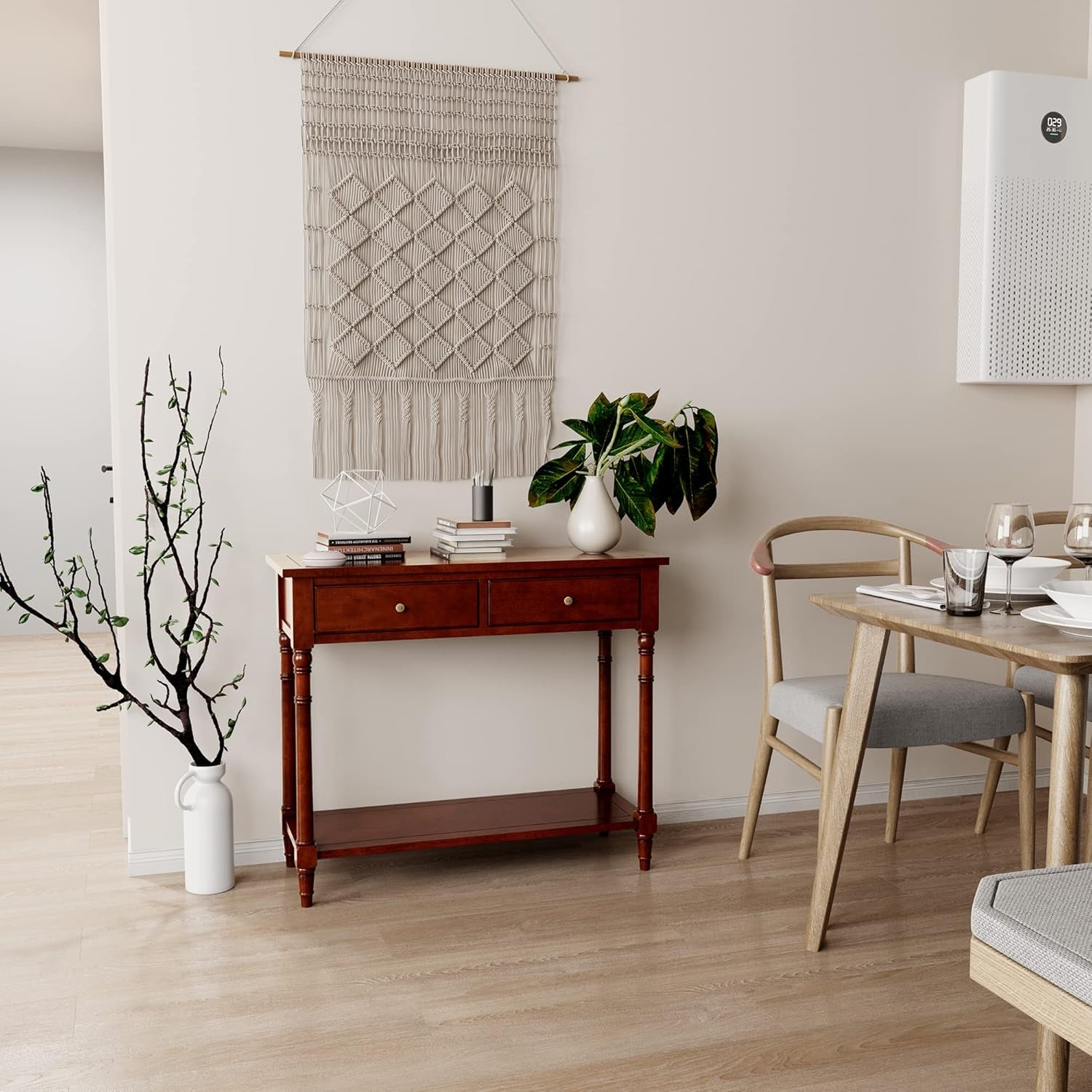 Solid Wood Console Table with 2 Drawers, 2-Tier 35.4" X 30" Accent Sofa Table with Multilayer Storage Shelf Rustic Hall Entryway Tables for Living Room Home Office-Brown