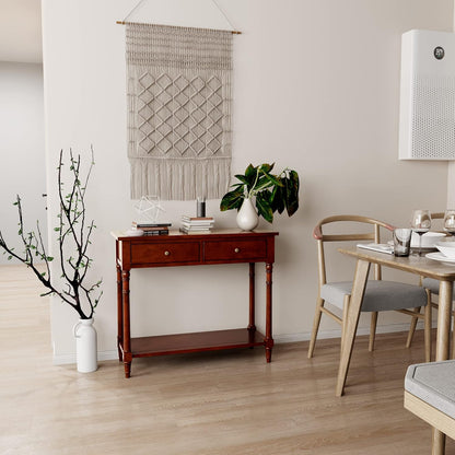 Solid Wood Console Table with 2 Drawers, 2-Tier 35.4" X 30" Accent Sofa Table with Multilayer Storage Shelf Rustic Hall Entryway Tables for Living Room Home Office-Brown