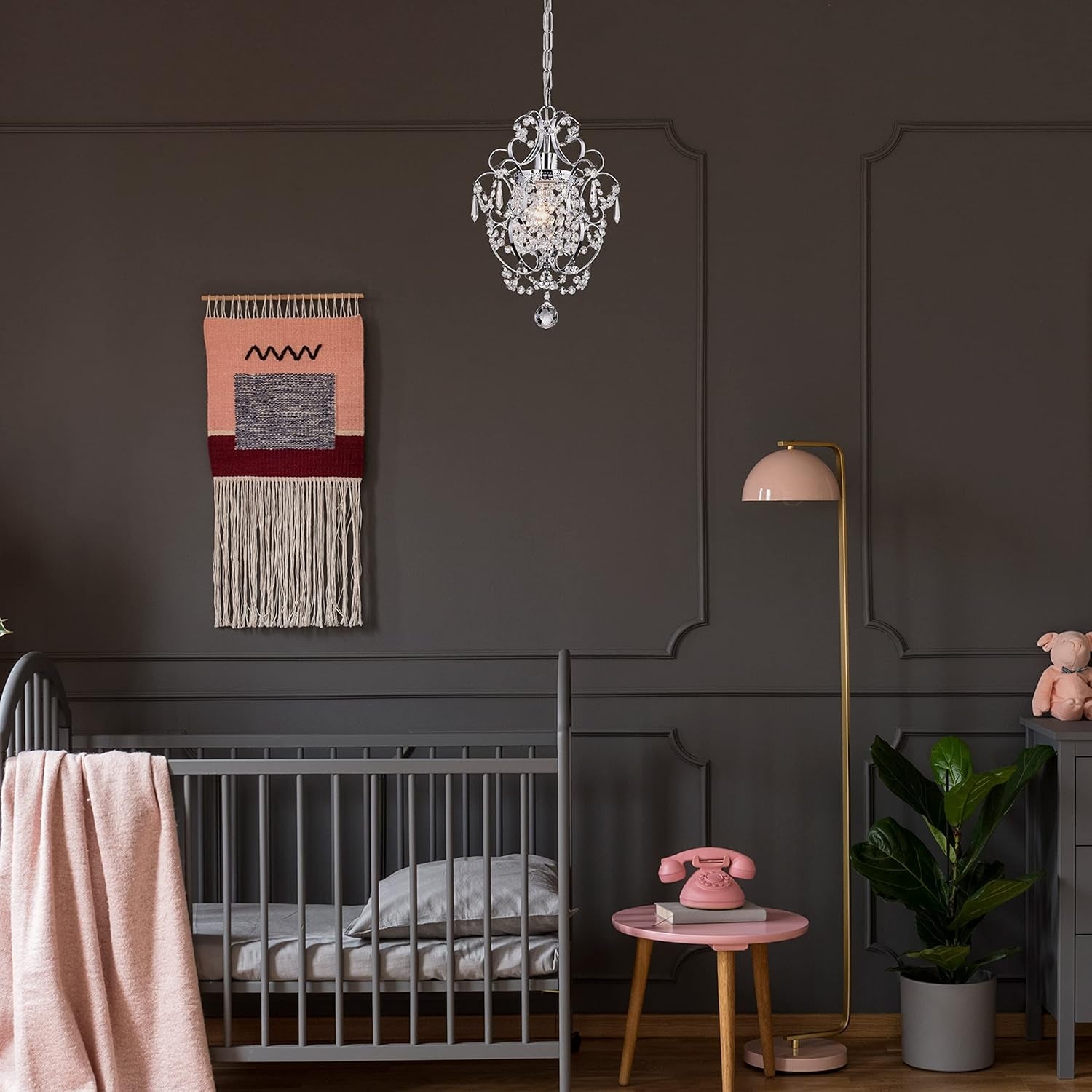 Amorette Mini Chandelier Chrome Crystal Chandeliers, 1 Light Modern Elegant Glam Ceiling Light Fixture Chrome, Adjustable Hanging Lighting for Closet, Bedroom, Girls Room, Kitchen Island