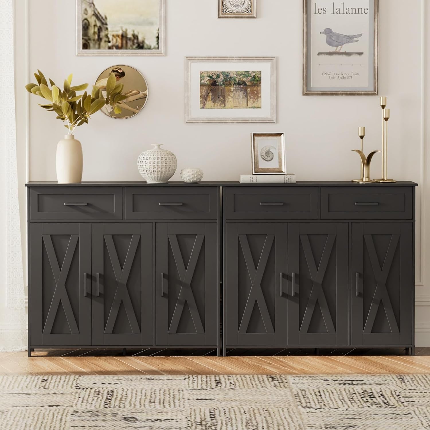 Sideboard Buffet Cabinet, Coffee Bar Storage Cabinet with Drawers and Doors, Farmhouse Kitchen Cabinet with Adjustable Shelves, for Kitchen, Dining Room, Living Room, Black