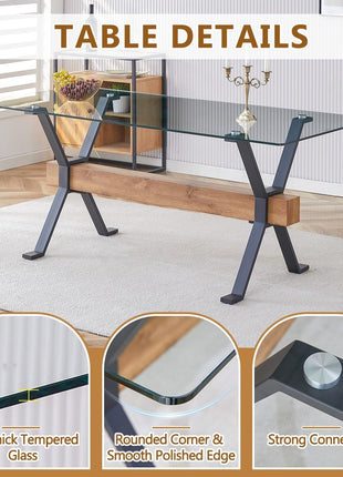 7-Piece Tempered Glass Dining Table Set for 6 with Metal Legs and MDF Crossbar, Featuring 6 Suede Dining Chairs for Kitchen and Dining Room