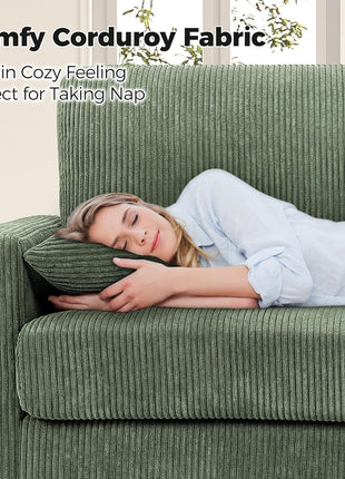 70-Inch Corduroy Sofa for Living Room, Tool-Free Assembly, Comfortable 3-Seater Loveseat with 21-Inch Deep Seats and 2 Pillows, Ideal for Bedroom Use, Green Finish