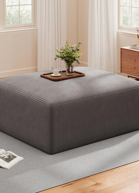 40-Inch Oversized Square Corduroy Ottoman Pouf - Foam-Filled Plush Footrest for Living Room and Bedroom, Grey (Single)