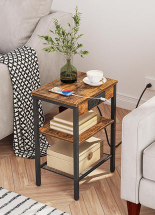 Rustic Brown Side Table with Integrated Charging Station and USB Port, Compact 3-Tier Nightstand with Adjustable Shelf for Living Room, Bedroom, and Balcony, Model BF112BZ01